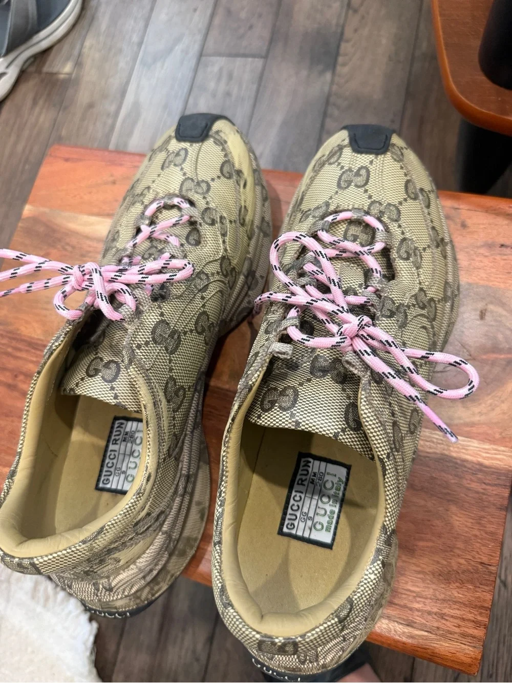 Gucci Beige Monogram Sneakers with Pink Laces
